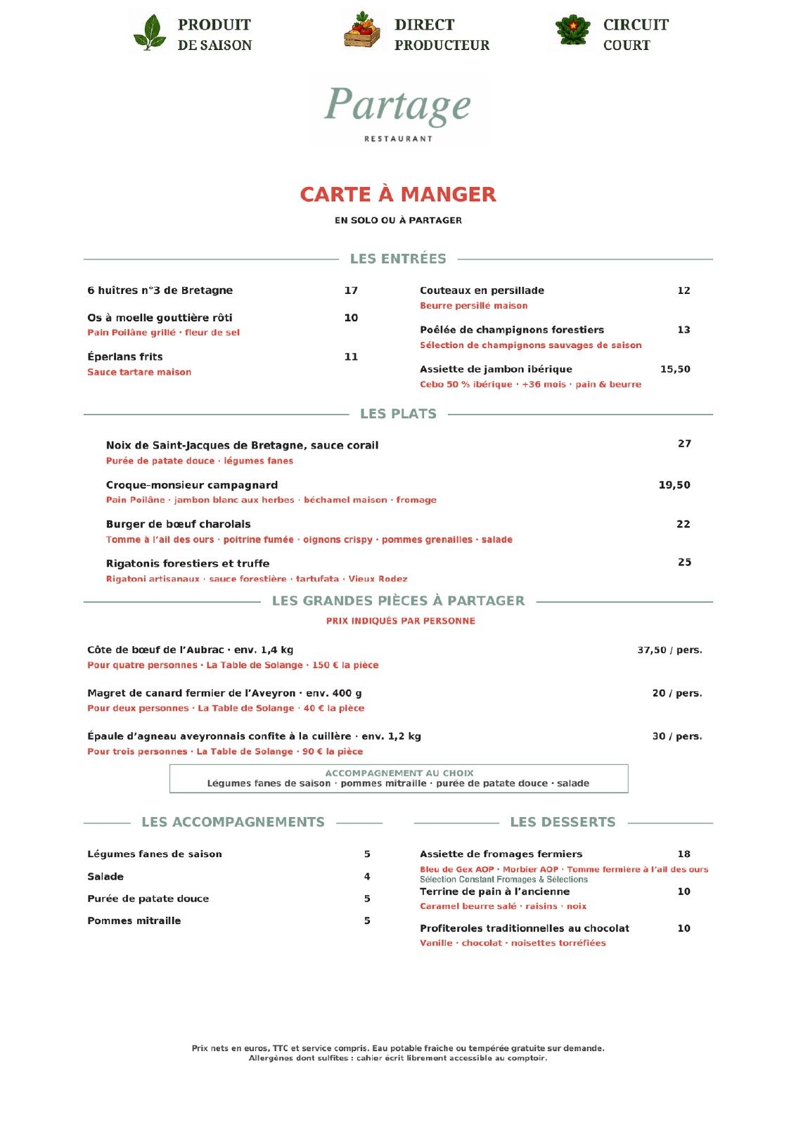 Carte à manger — reproduction de la carte officielle avec tous les prix et mentions