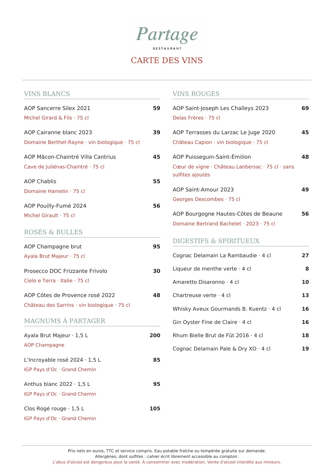 Carte des vins — reproduction de la carte officielle avec tous les prix et mentions