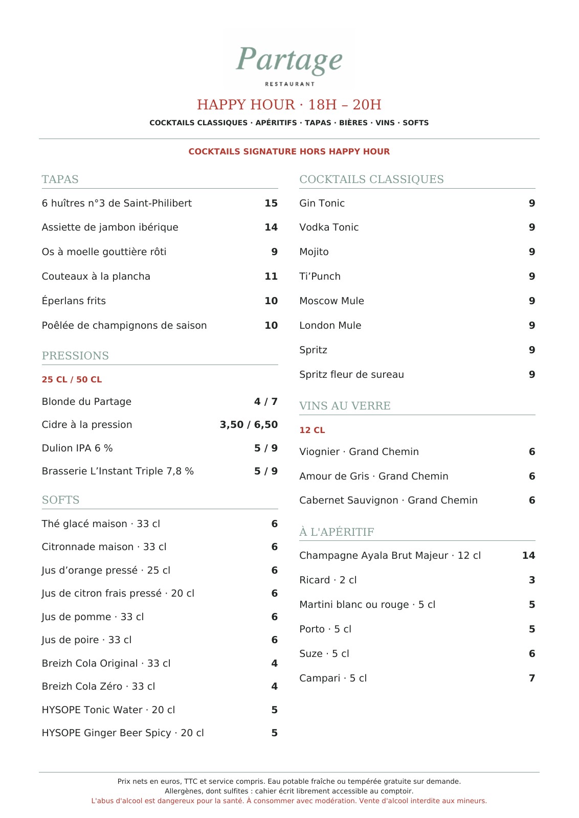Happy Hour · 18h-20h — reproduction de la carte officielle avec tous les prix et mentions