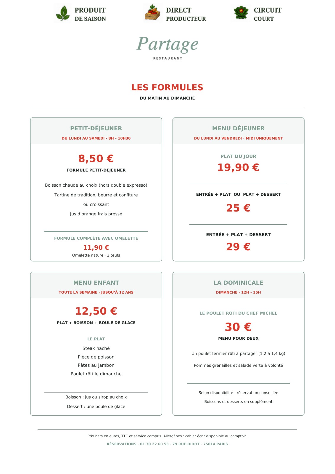 Les formules — reproduction de la carte officielle avec tous les prix et mentions