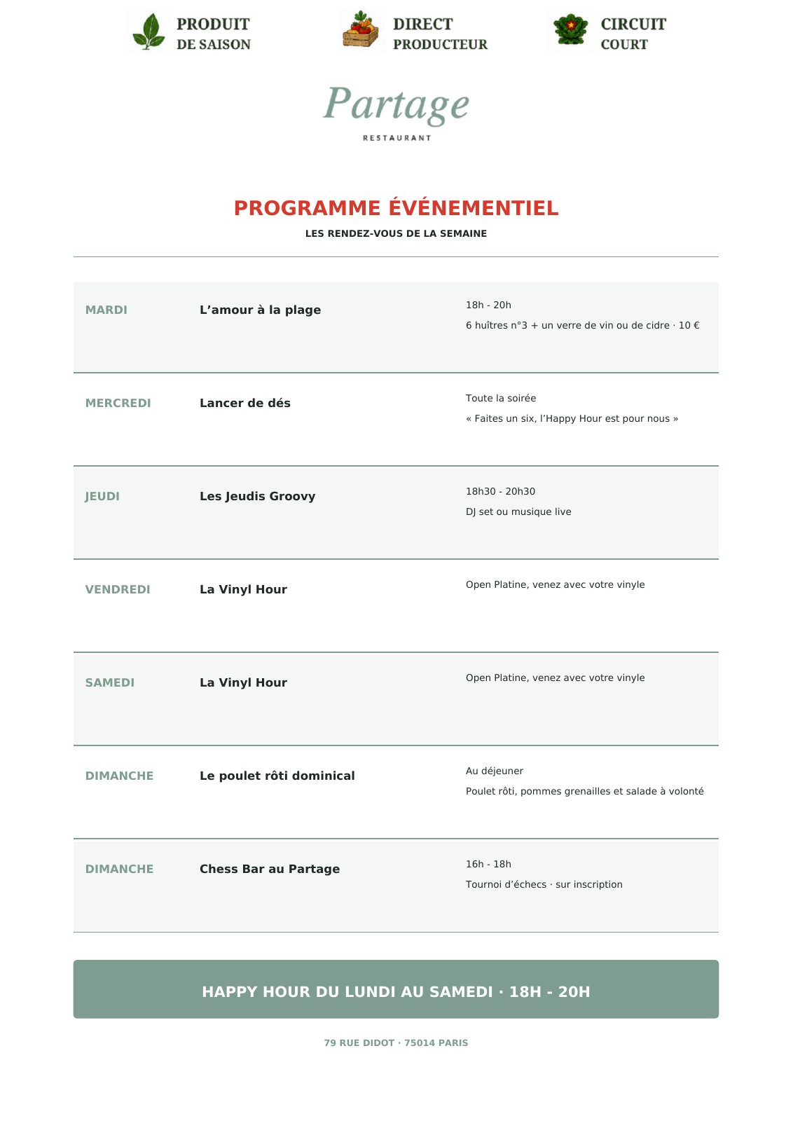 Programme événementiel — reproduction de la carte officielle avec tous les prix et mentions